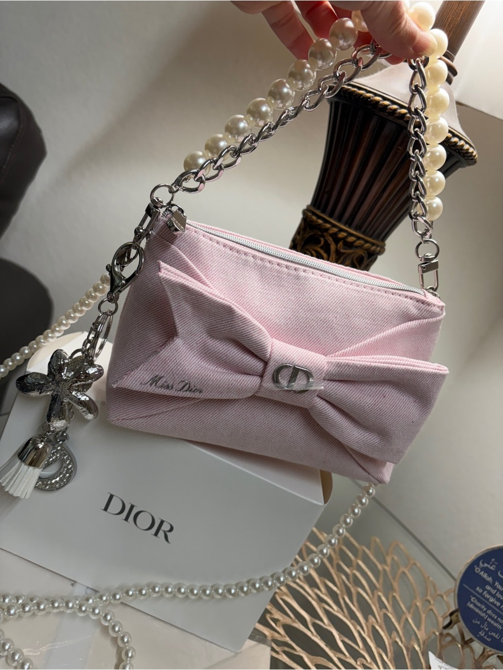 Dior Pink Bow Mini Shoulder Bag with Pearl & Chain Straps - Picture 7 of 16